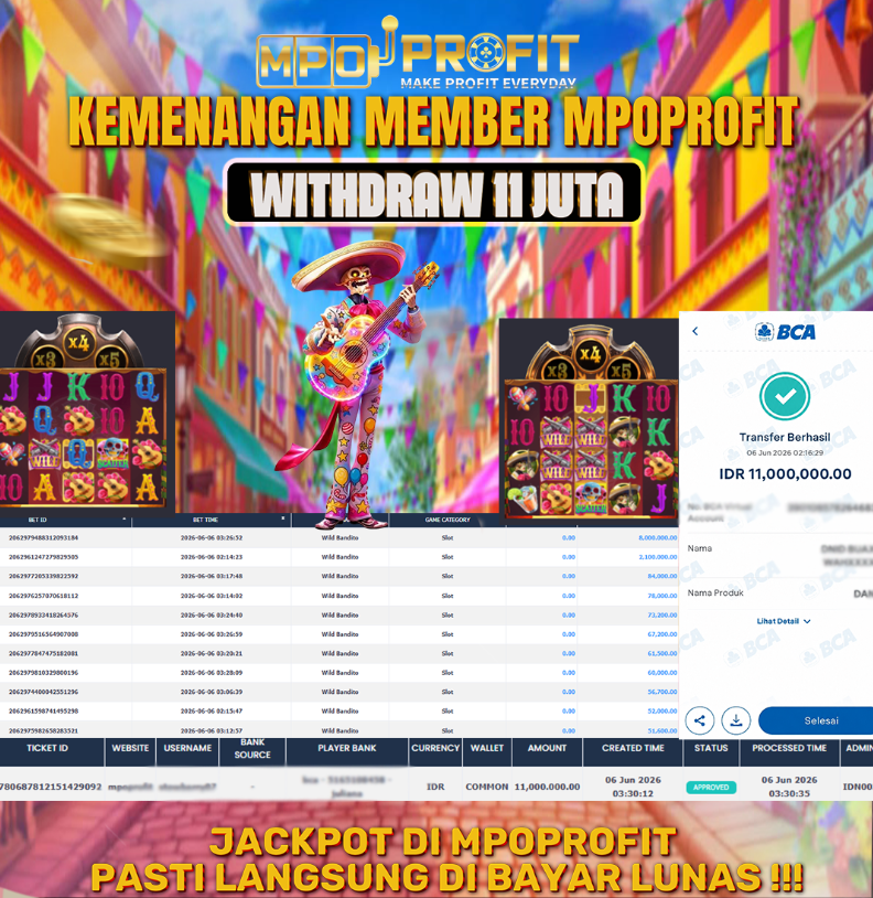 MPOPROFIT JACKPOT SLOT PGSOFT! KEMENANGAN MURNI DI (WILD BANDITO TOTAL 11,000.000,- LUNAS)